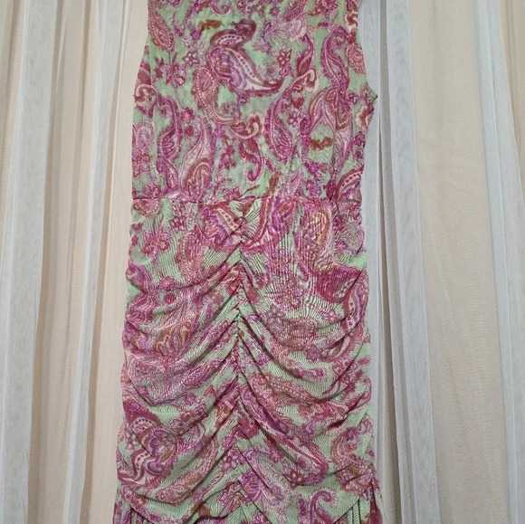 Misa Los Angeles Ava Midi Dress in Vintage Paisley, Stretch Mesh, Ruched Bodice. - Picture 8 of 16